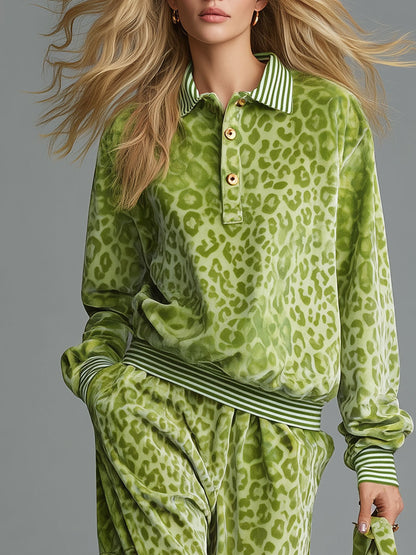 Retro Sporty Green Leopard-Print Velvet Polo Top And Cargo Pants Set