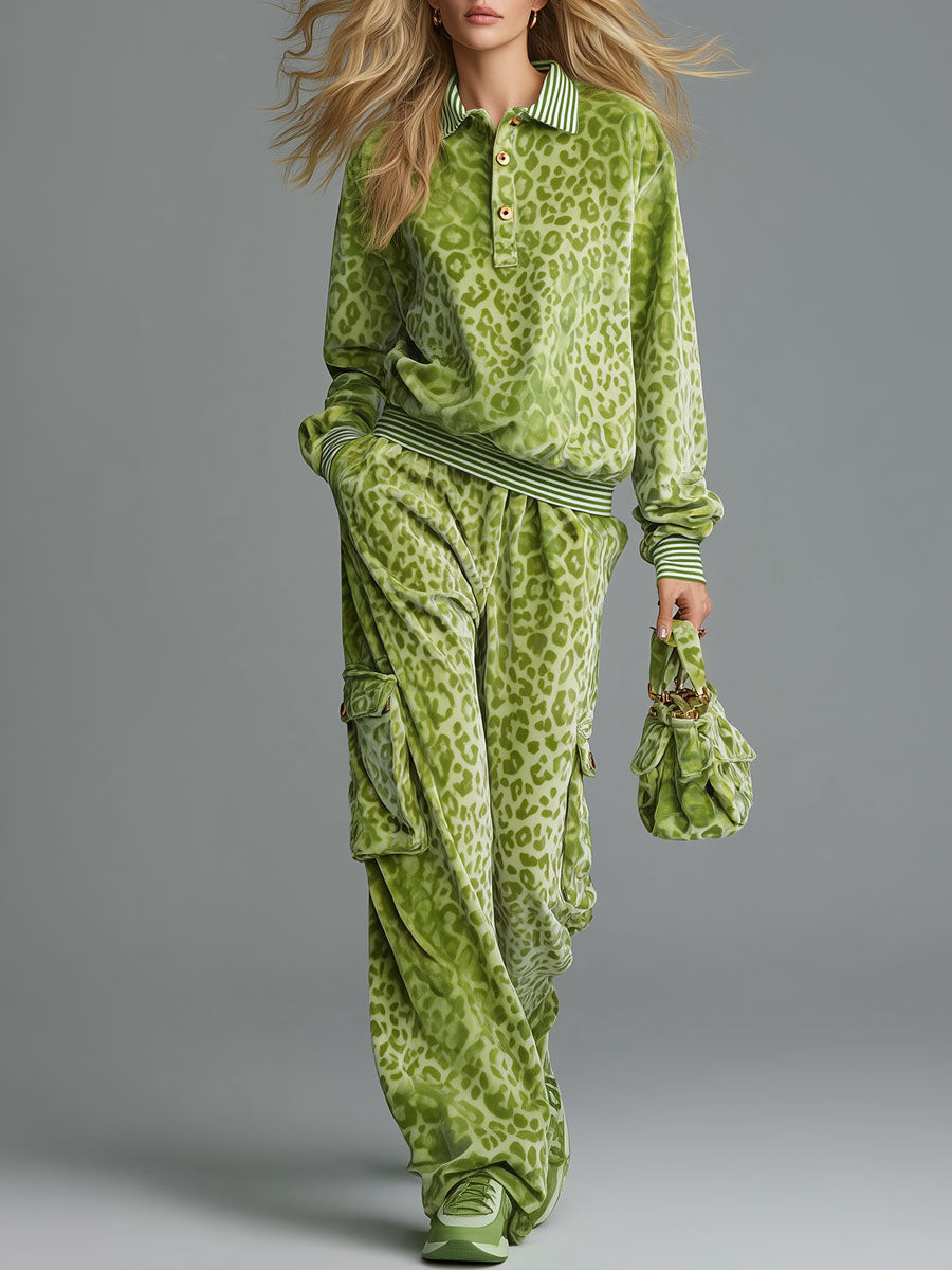 Retro Sporty Green Leopard-Print Velvet Polo Top And Cargo Pants Set