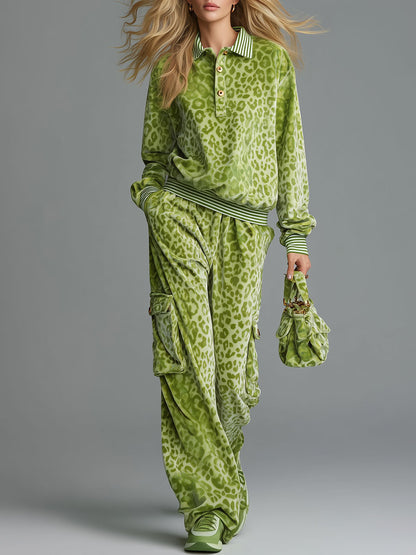 Retro Sporty Green Leopard-Print Velvet Polo Top And Cargo Pants Set