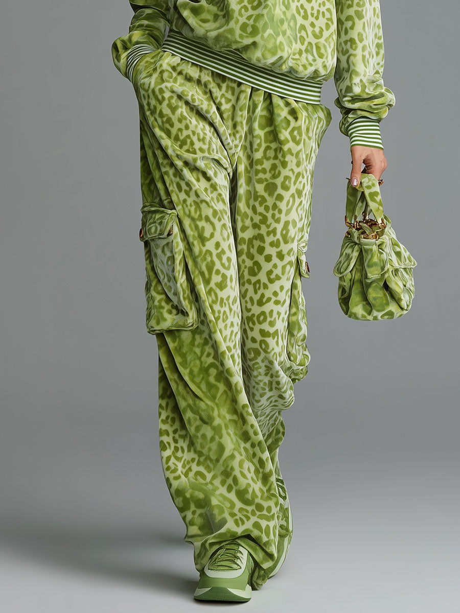 Retro Sporty Green Leopard-Print Velvet Polo Top And Cargo Pants Set