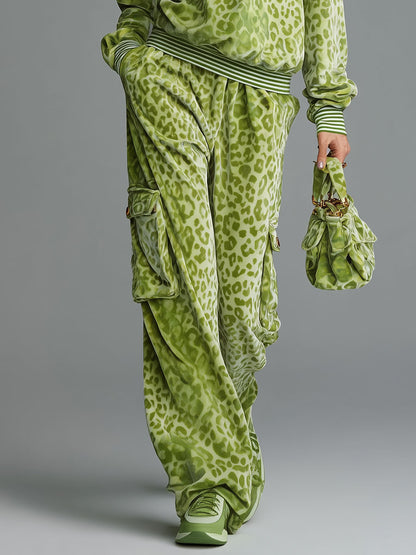 Retro Sporty Green Leopard-Print Velvet Polo Top And Cargo Pants Set