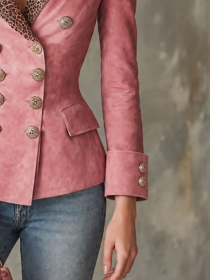 Retro Elegant Pink Leopard-Collar Double-Breasted Faux Suede Blazer