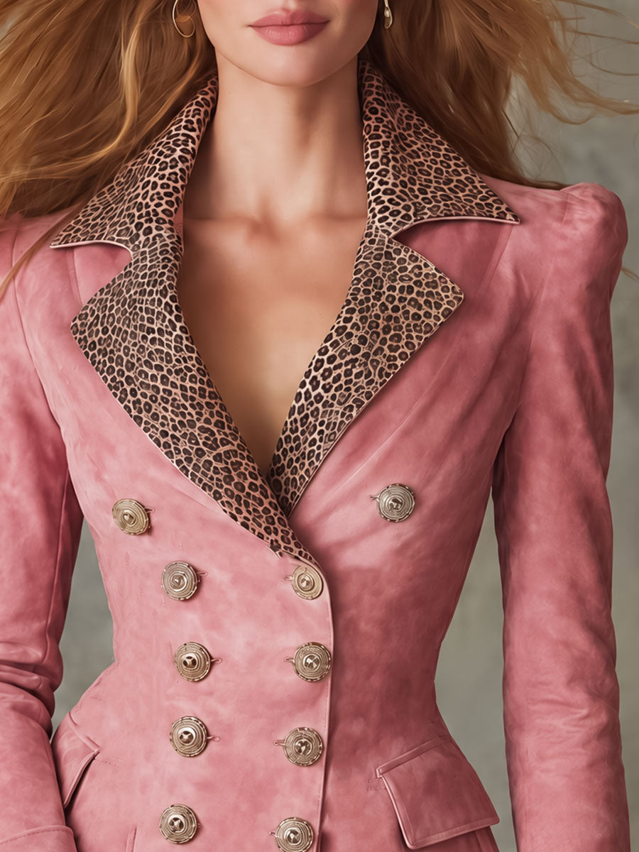 Retro Elegant Pink Leopard-Collar Double-Breasted Faux Suede Blazer