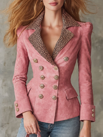 Retro Elegant Pink Leopard-Collar Double-Breasted Faux Suede Blazer