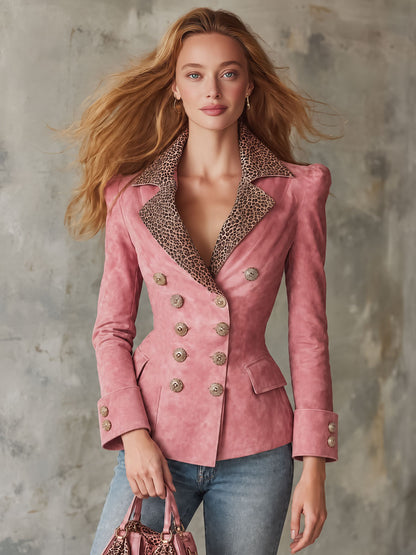 Retro Elegant Pink Leopard-Collar Double-Breasted Faux Suede Blazer