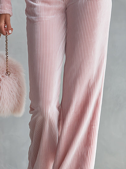 Trendy Raw-edge Detail Pink Hooded Top And Wide-leg Textured Velvet Trousers Set