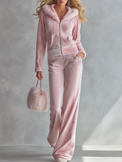Trendy Raw-edge Detail Pink Hooded Top And Wide-leg Textured Velvet Trousers Set