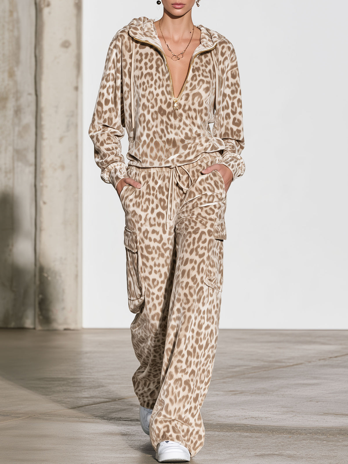 Fashionable Sporty Half-zip Velvet Leopard Print Hooded Sweatshirt And Cargo Pants Set