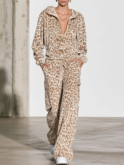 Fashionable Sporty Half-zip Velvet Leopard Print Hooded Sweatshirt And Cargo Pants Set
