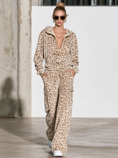 Fashionable Sporty Half-zip Velvet Leopard Print Hooded Sweatshirt And Cargo Pants Set