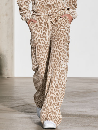 Fashionable Sporty Half-zip Velvet Leopard Print Hooded Sweatshirt And Cargo Pants Set
