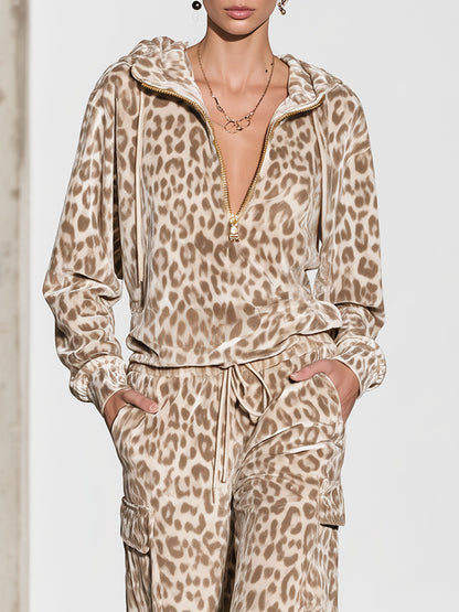 Fashionable Sporty Half-zip Velvet Leopard Print Hooded Sweatshirt And Cargo Pants Set