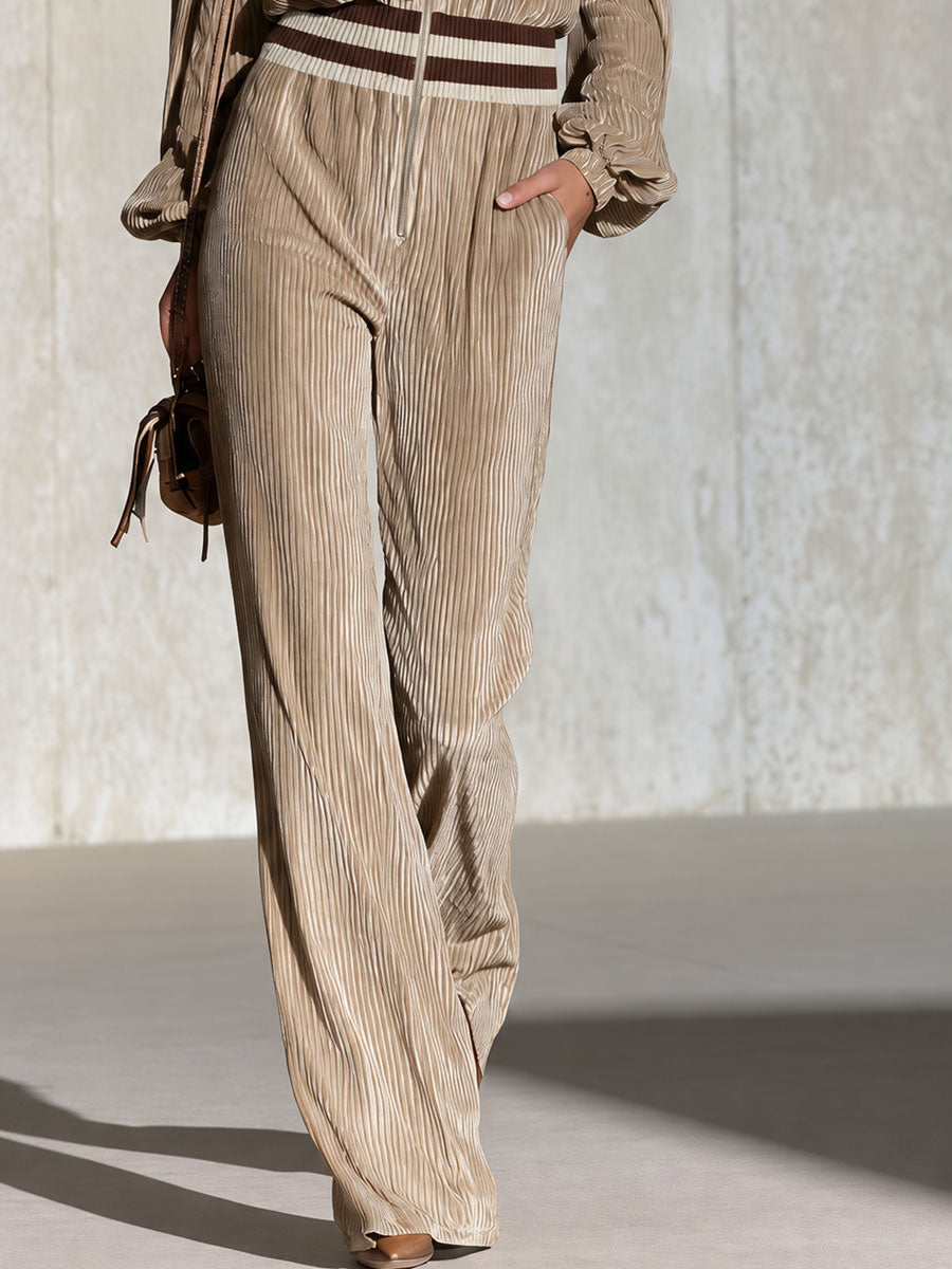 Retro Elegant Beige Ruffled Hem Corduroy Collar Jumpsuit