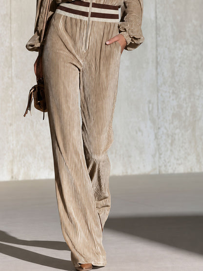 Retro Elegant Beige Ruffled Hem Corduroy Collar Jumpsuit