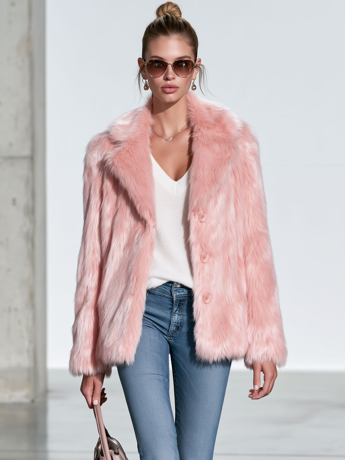 Simple And Stylish Pink Faux Fur Coat