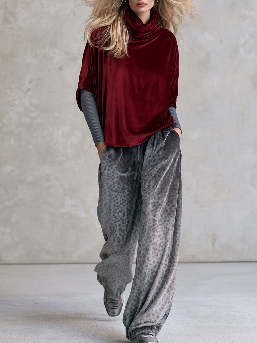 Retro Casual Burgundy Velvet Turtleneck Top And Gray Leopard-Print Drawstring Pants Set