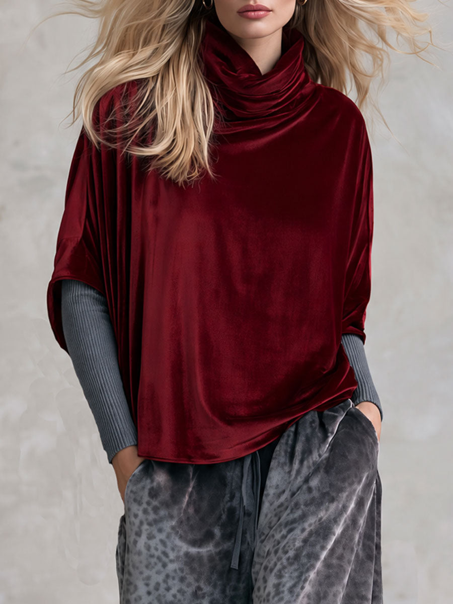 Retro Casual Burgundy Velvet Turtleneck Top And Gray Leopard-Print Drawstring Pants Set