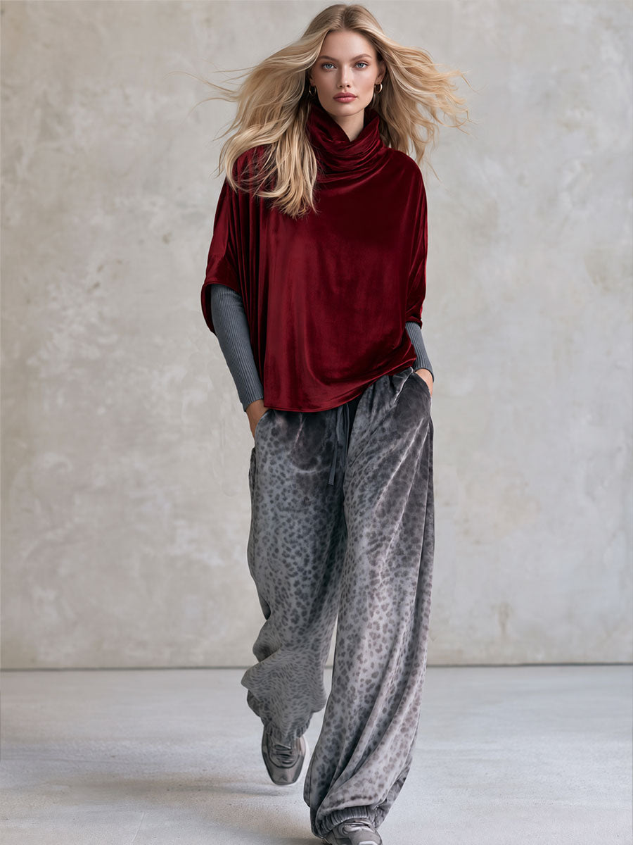Retro Casual Burgundy Velvet Turtleneck Top And Gray Leopard-Print Drawstring Pants Set