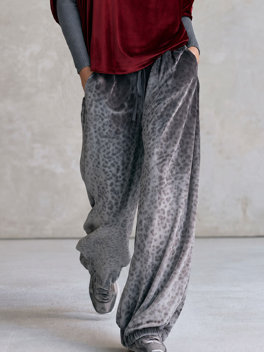 Retro Casual Burgundy Velvet Turtleneck Top And Gray Leopard-Print Drawstring Pants Set