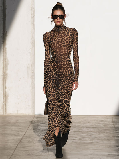 Fashionable Retro Split-hem Stretch Mesh Leopard Print Slim-fit Long-sleeved Maxi Dress