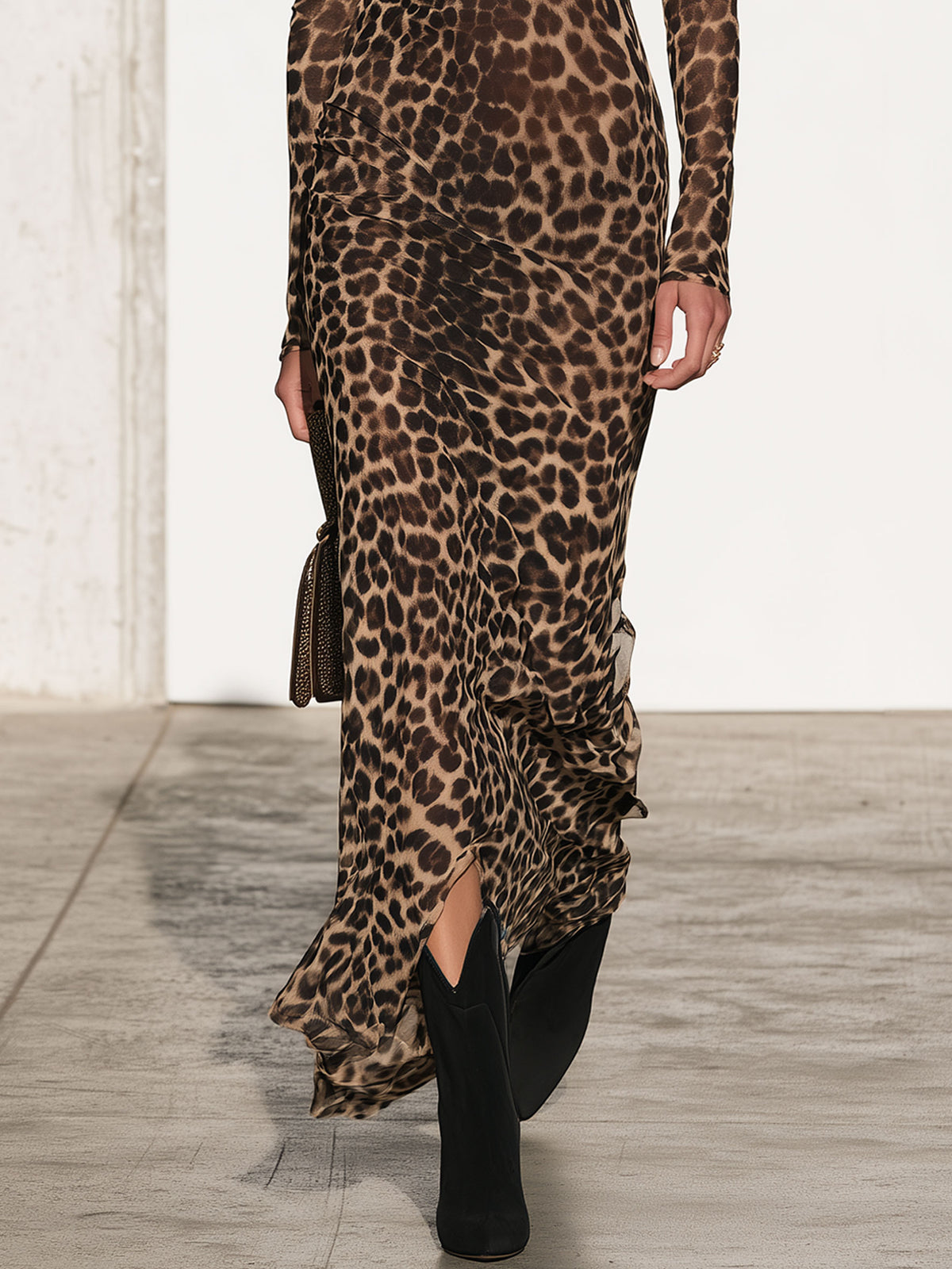 Fashionable Retro Split-hem Stretch Mesh Leopard Print Slim-fit Long-sleeved Maxi Dress
