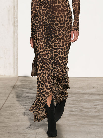 Fashionable Retro Split-hem Stretch Mesh Leopard Print Slim-fit Long-sleeved Maxi Dress