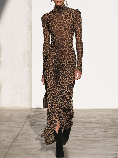 Fashionable Retro Split-hem Stretch Mesh Leopard Print Slim-fit Long-sleeved Maxi Dress