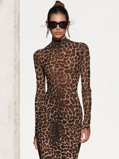 Fashionable Retro Split-hem Stretch Mesh Leopard Print Slim-fit Long-sleeved Maxi Dress