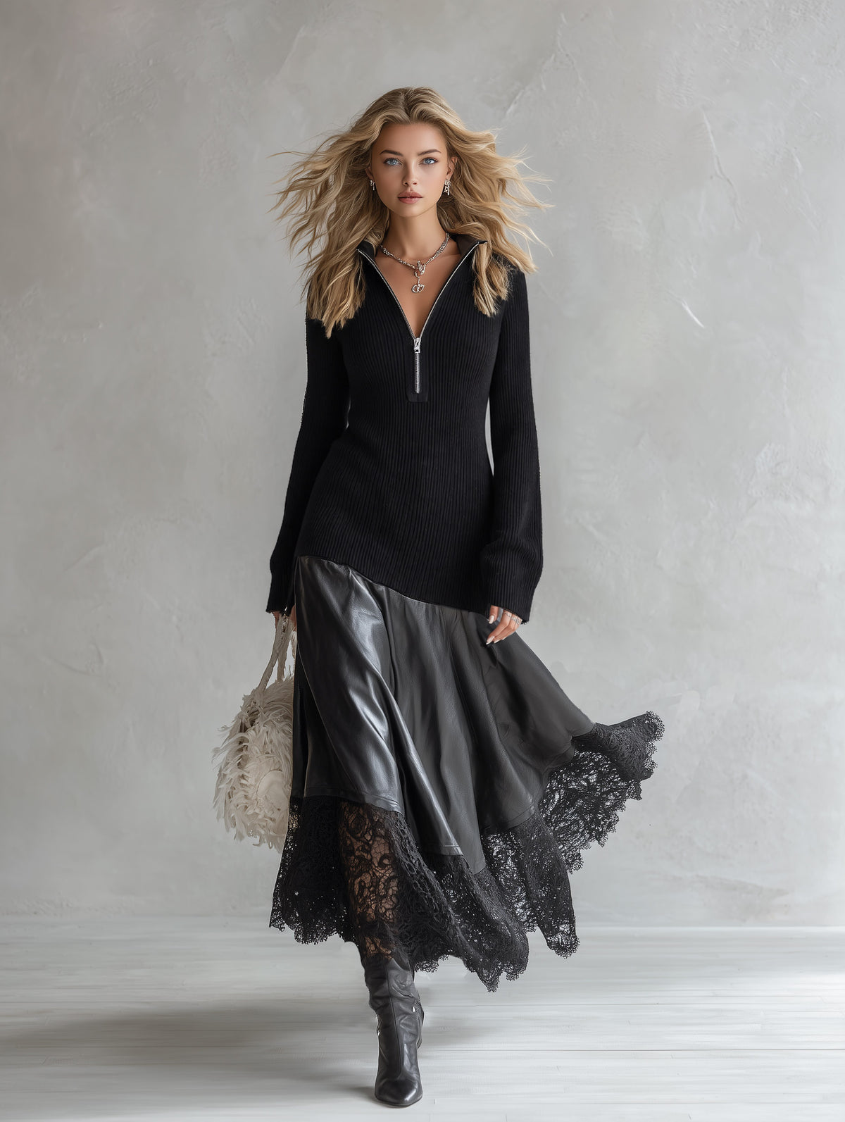 Elegant Urban Style Lace-Hem Black Knit &amp; PU Patchwork Maxi Dress