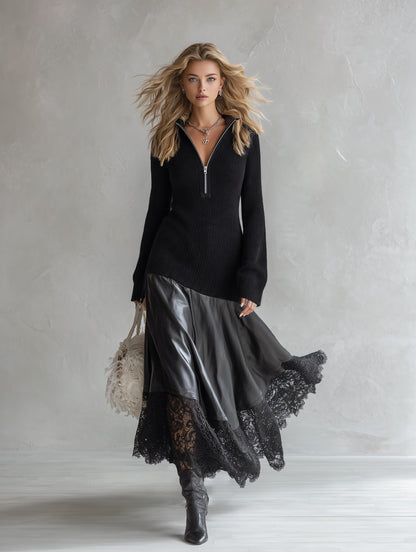 Elegant Urban Style Lace-Hem Black Knit &amp; PU Patchwork Maxi Dress