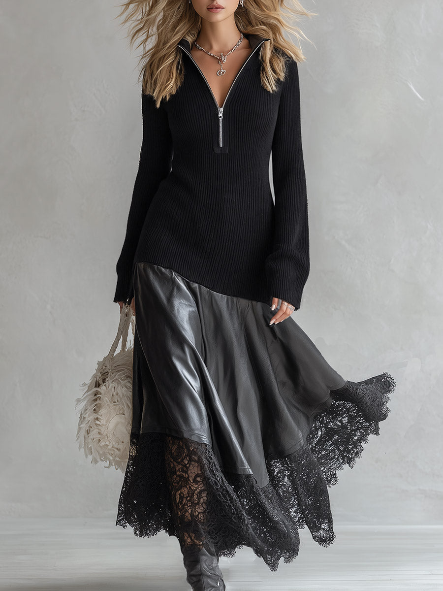 Elegant Urban Style Lace-Hem Black Knit &amp; PU Patchwork Maxi Dress
