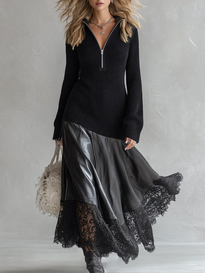 Elegant Urban Style Lace-Hem Black Knit &amp; PU Patchwork Maxi Dress