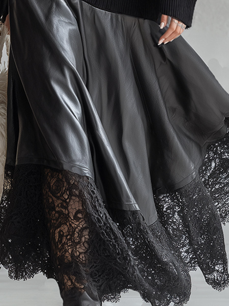 Elegant Urban Style Lace-Hem Black Knit &amp; PU Patchwork Maxi Dress