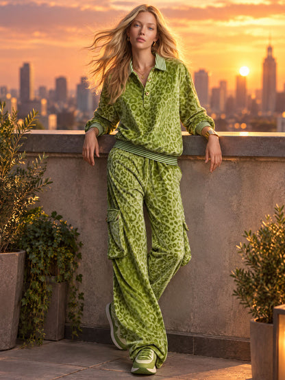 Retro Sporty Green Leopard-Print Velvet Polo Top And Cargo Pants Set