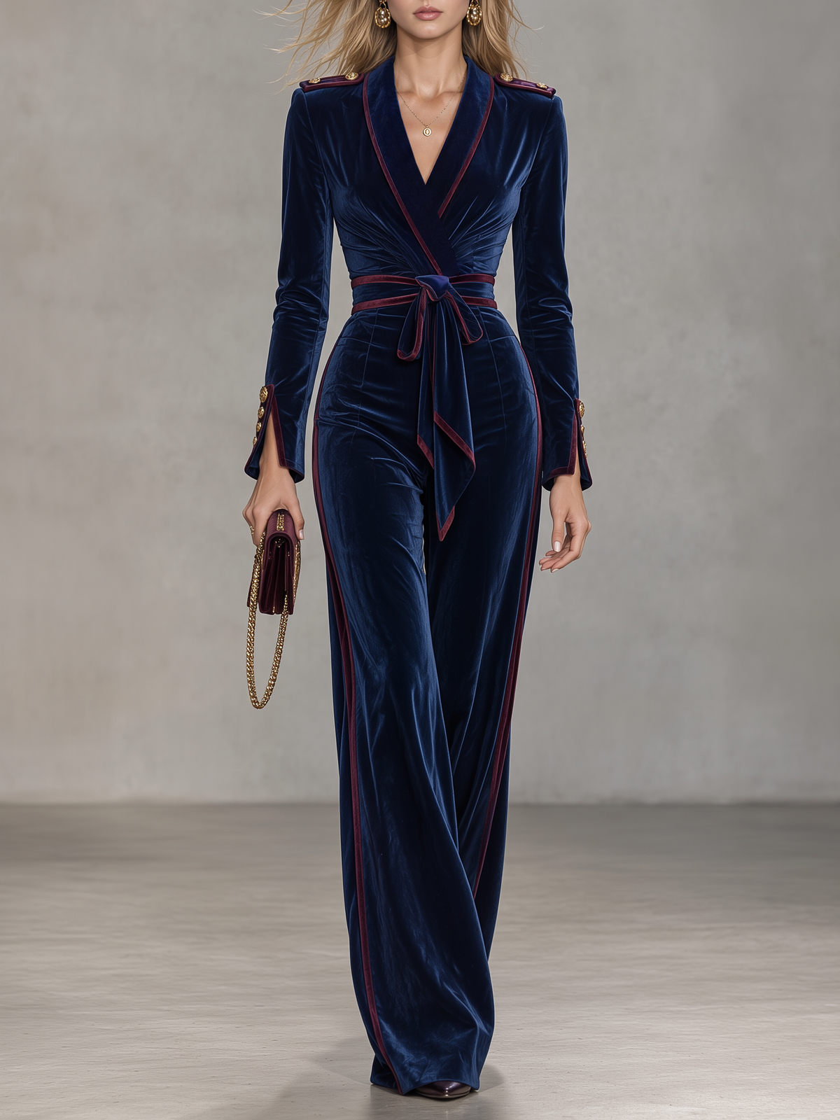Retro-casual Military-style Velvet Jumpsuit With Contrasting Piping