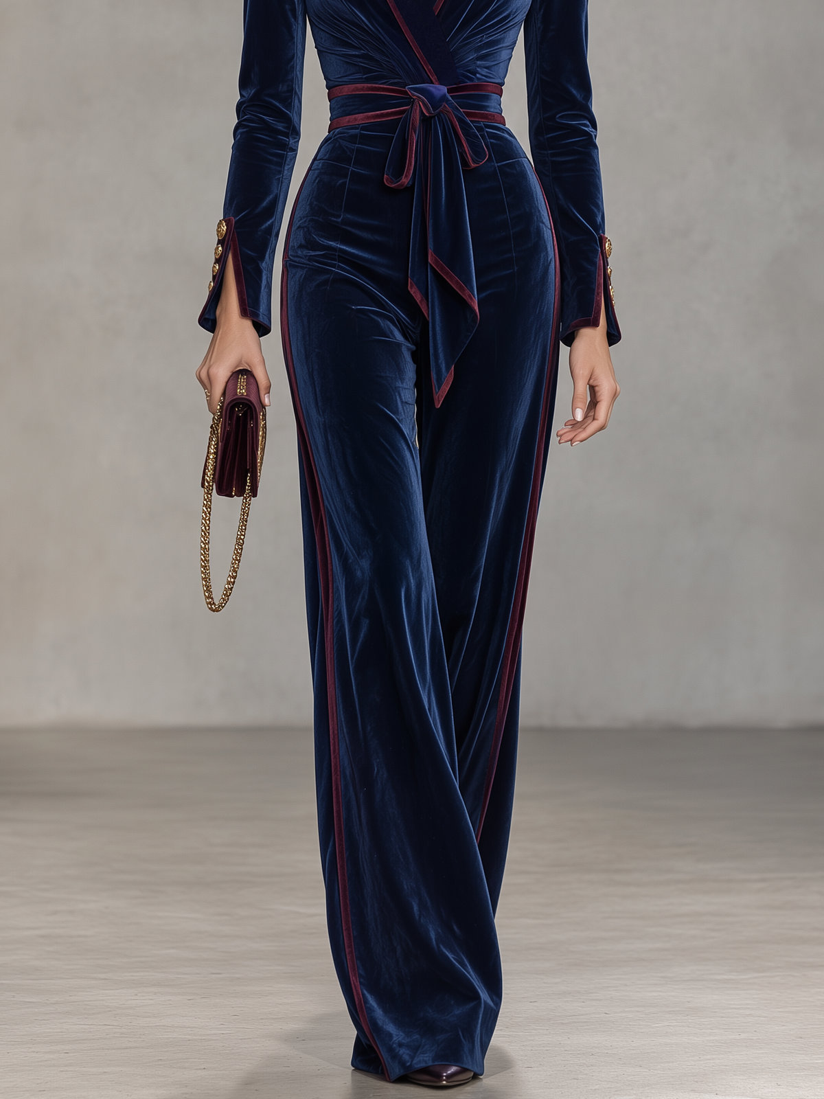 Retro-casual Military-style Velvet Jumpsuit With Contrasting Piping