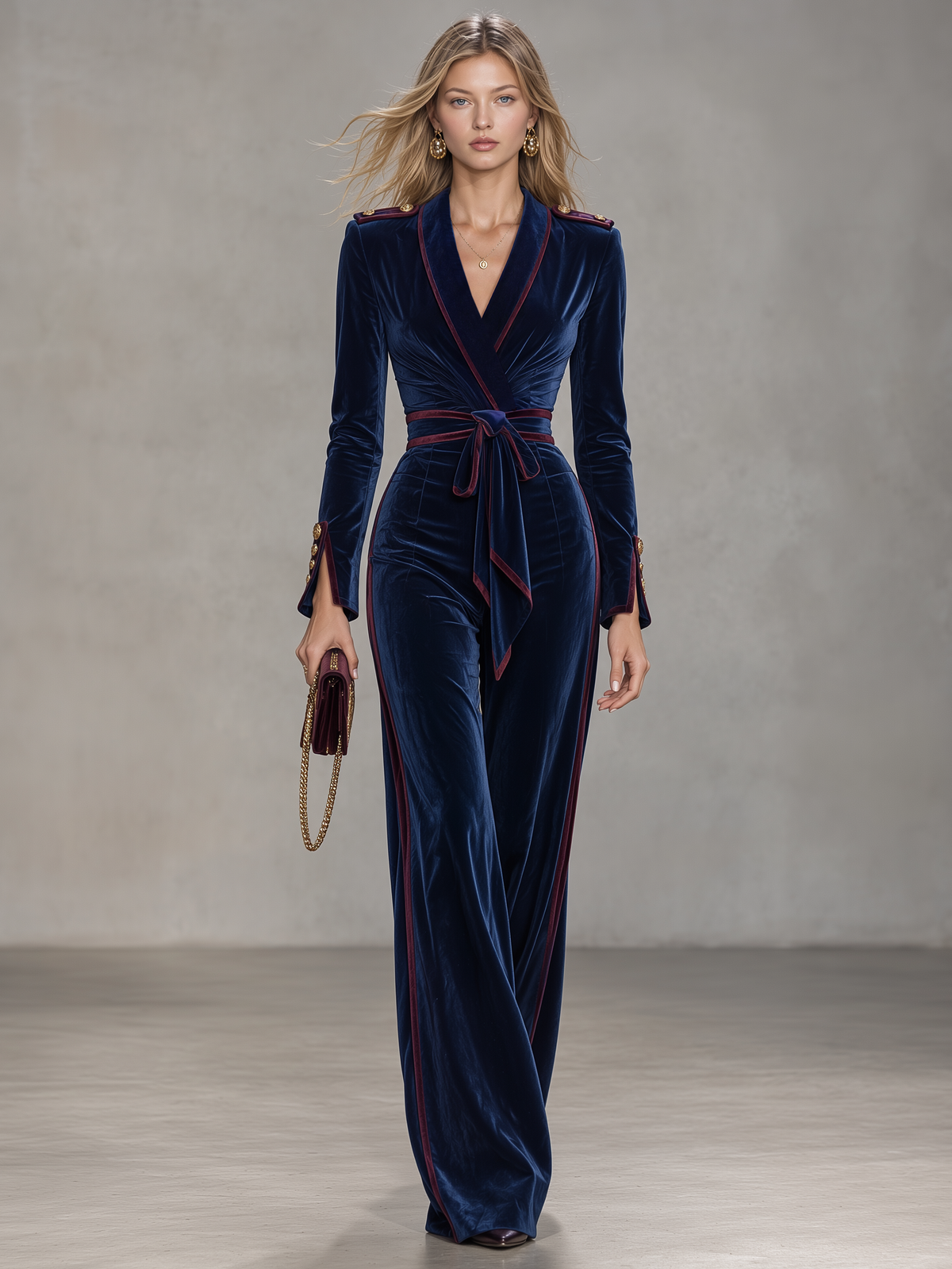 Retro-casual Military-style Velvet Jumpsuit With Contrasting Piping