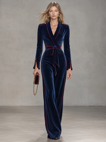 Retro-casual Military-style Velvet Jumpsuit With Contrasting Piping