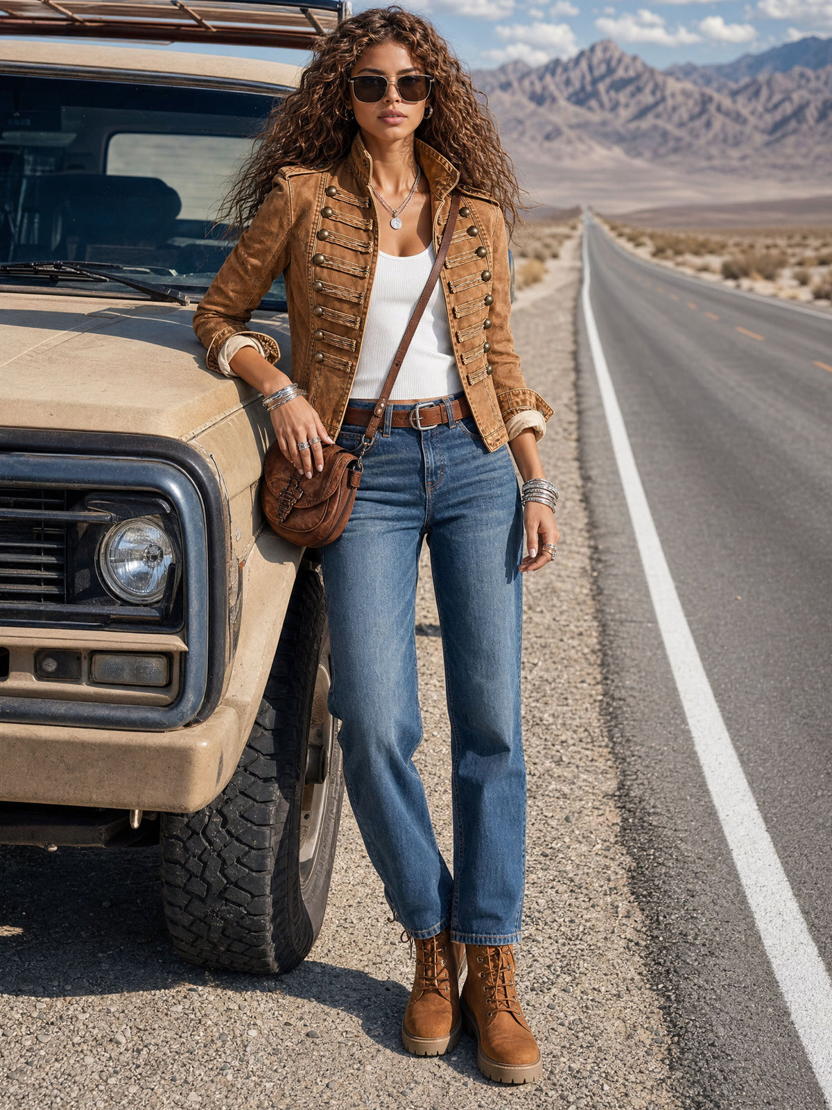 Military-style Camel Denim Stand-up Collar Double-breasted Short Jacket
