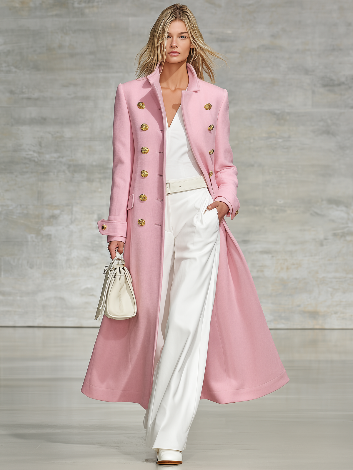 Pink Stand-collar Wool-blend Coat With A Retro Casual And Elegant Style