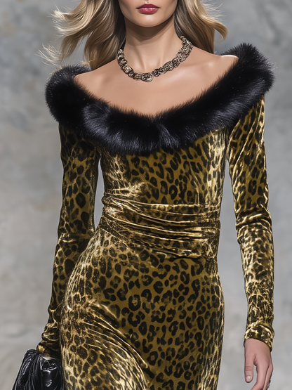 Vintage-style Casual Elegant Long Velvet Leopard-print Skirt With Raw-edge Paneling