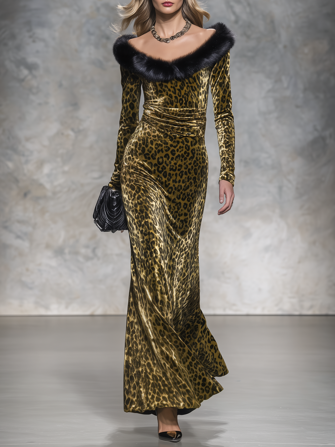 Vintage-style Casual Elegant Long Velvet Leopard-print Skirt With Raw-edge Paneling