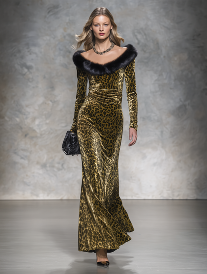 Vintage-style Casual Elegant Long Velvet Leopard-print Skirt With Raw-edge Paneling