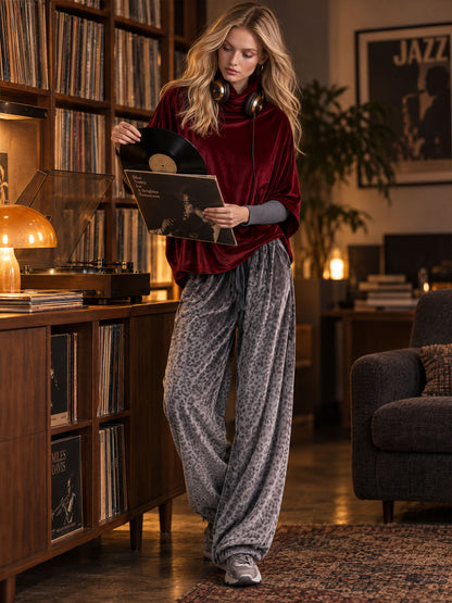 Retro Casual Burgundy Velvet Turtleneck Top And Gray Leopard-Print Drawstring Pants Set