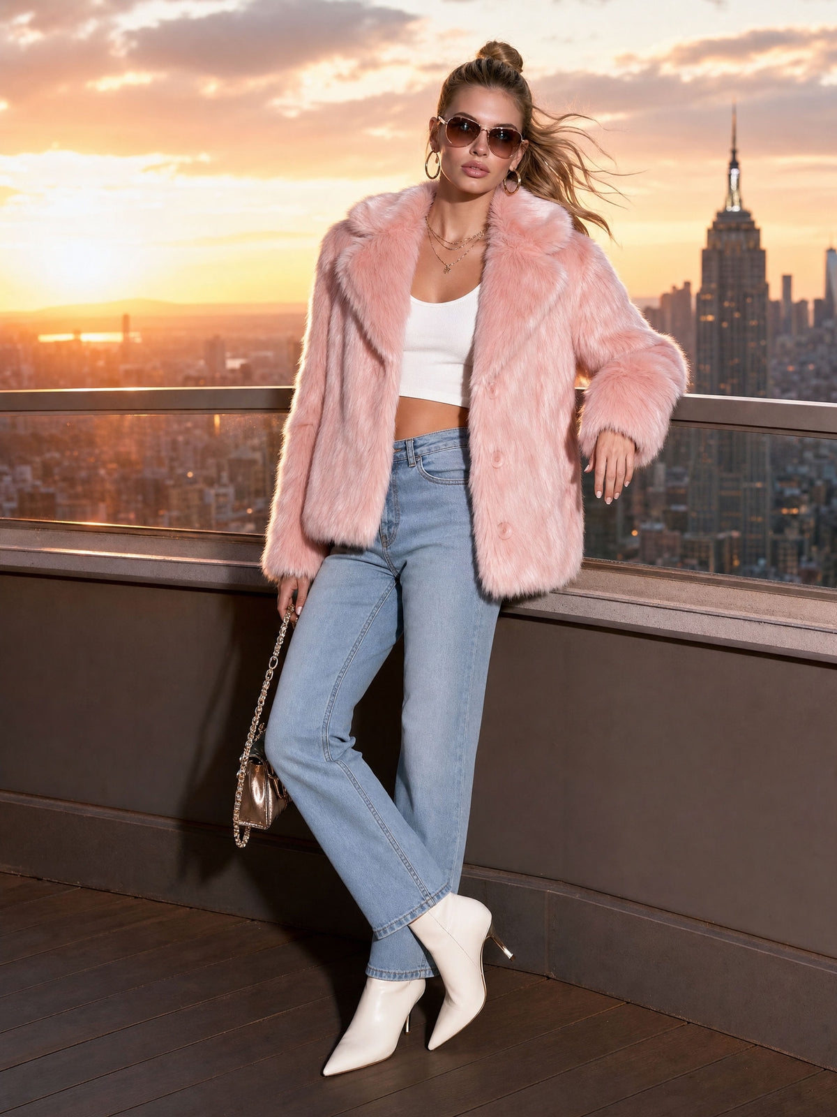 Simple And Stylish Pink Faux Fur Coat