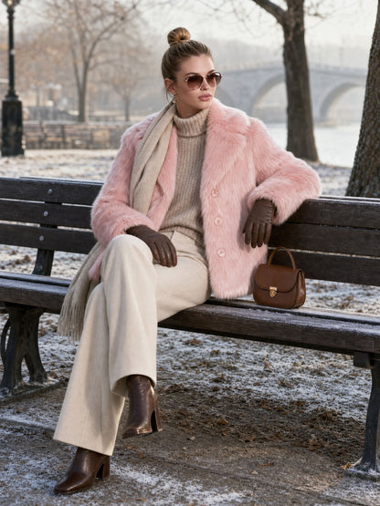 Simple And Stylish Pink Faux Fur Coat