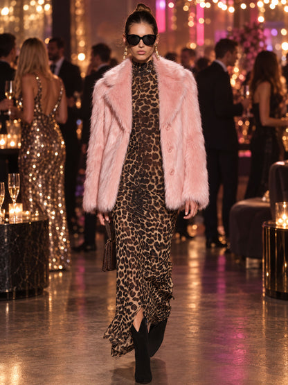 Fashionable Retro Split-hem Stretch Mesh Leopard Print Slim-fit Long-sleeved Maxi Dress