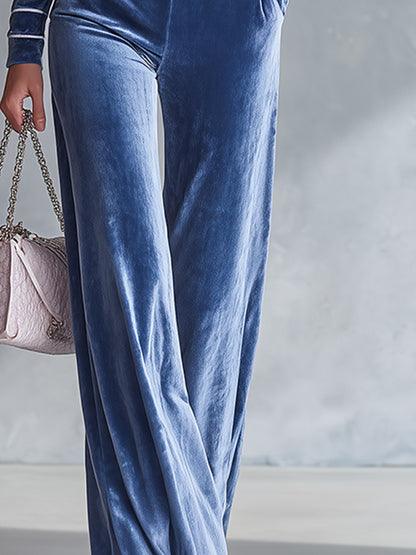 Stylish Dusty Blue-Trimmed Front-Zip Velvet Jumpsuit