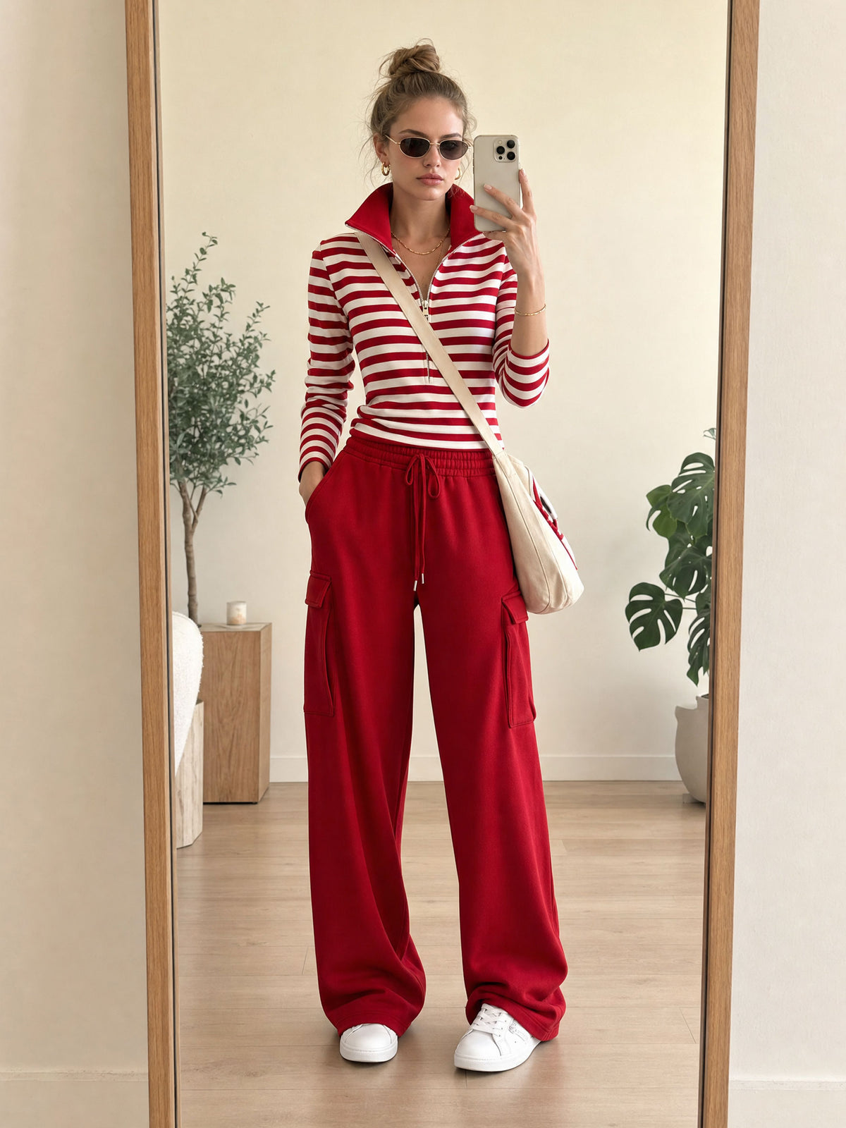 Fashionable Sporty Striped Sweatshirt And Red Cargo Pants Set With Half-zip