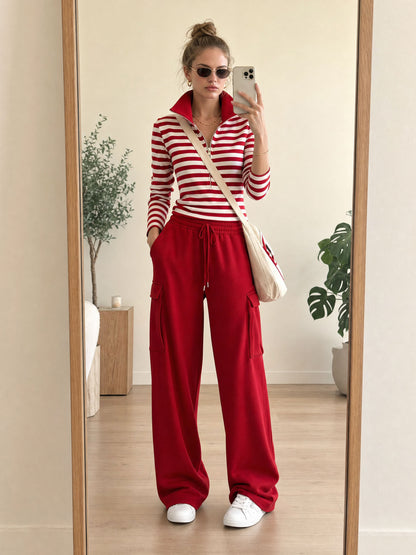 Fashionable Sporty Striped Sweatshirt And Red Cargo Pants Set With Half-zip